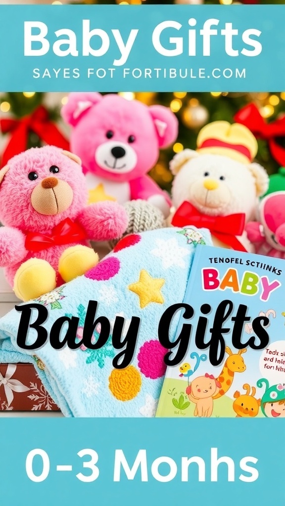 A collection of Christmas gifts for infants, including plush toys, a sensory blanket, and a baby book, arranged in a festive setting.